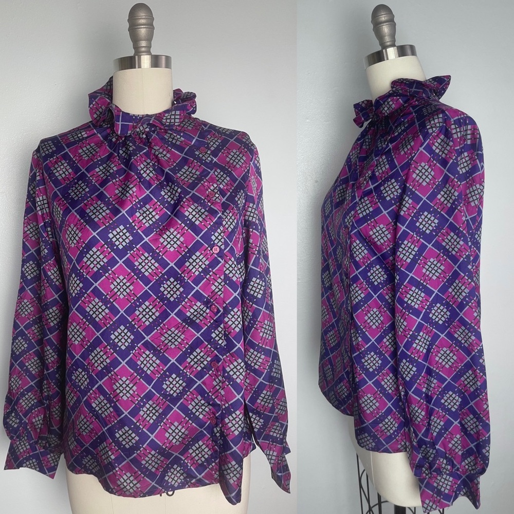 Purple Plaid 1980s 80s Asymmetrical Secretary Blouse